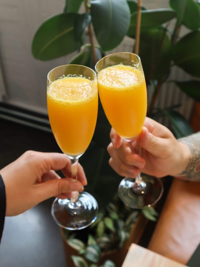 Kaksi lasillista appelsiinimehukumppaa kippistää