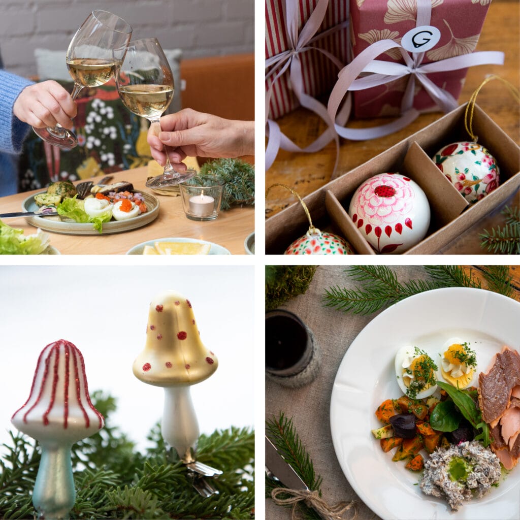 Joulukuvat: Glögilasit, lahjat, koristeet, juhlaruoka.