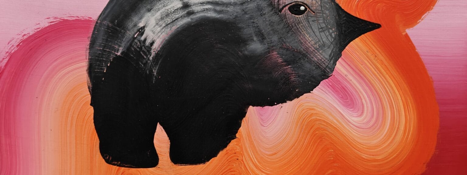 Abstrakti maalaus mustasta eläinhahmosta ja oransseista pyörteistä.