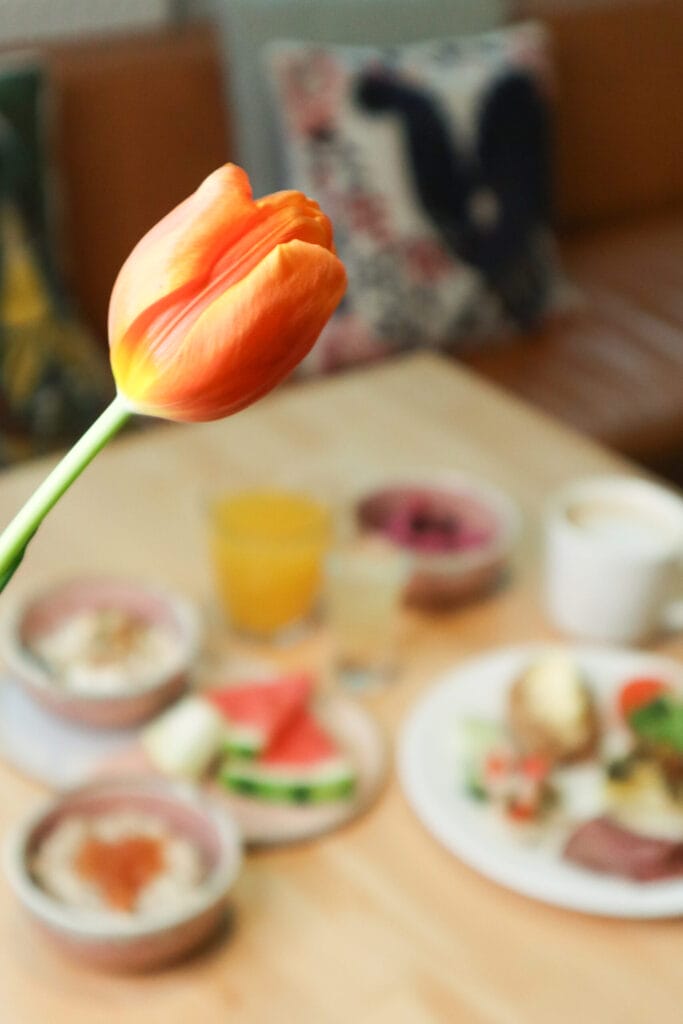 Oranssi tulppaani ja aamiaispöytä taustalla