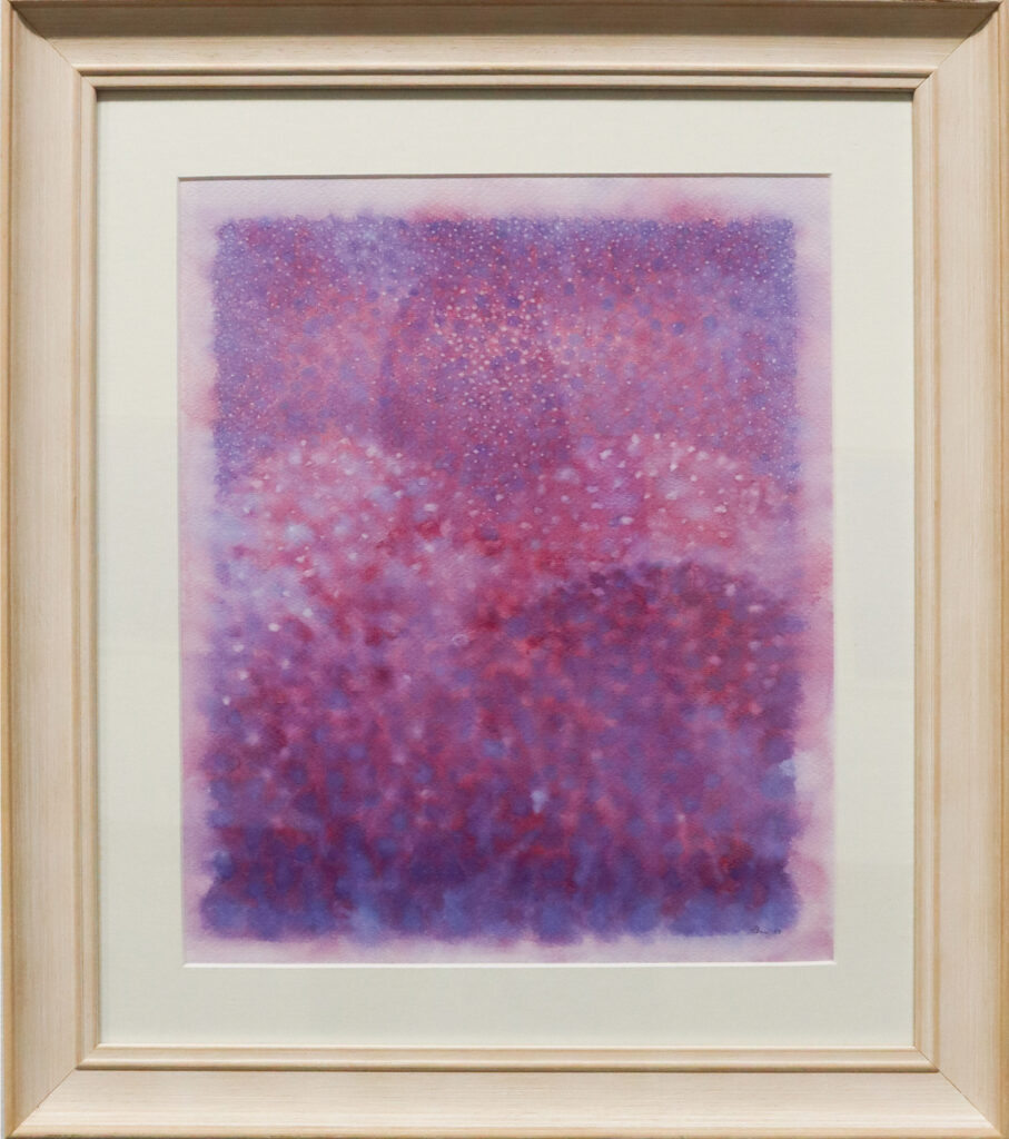 Kehystetty abstrakti maalaus pinkein ja violetein sävyin