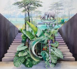 Afrikkalaiset eläimet ja luonto surrealistisessa maalauksessa.
