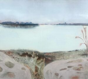 Abstrakti maisema: järvi, taivas ja kasvillisuus