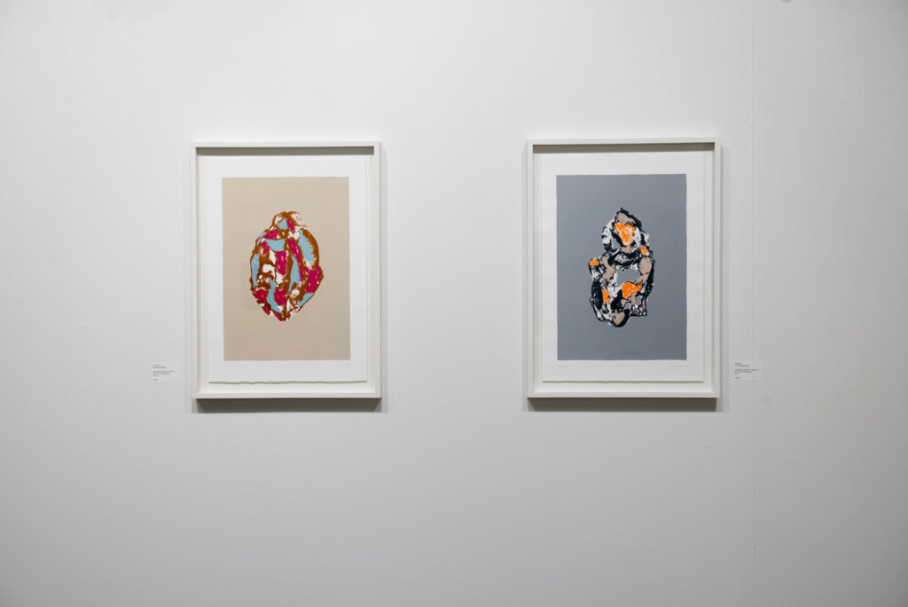 Kaksi värikästä taideteosta valkoisella seinällä museossa.