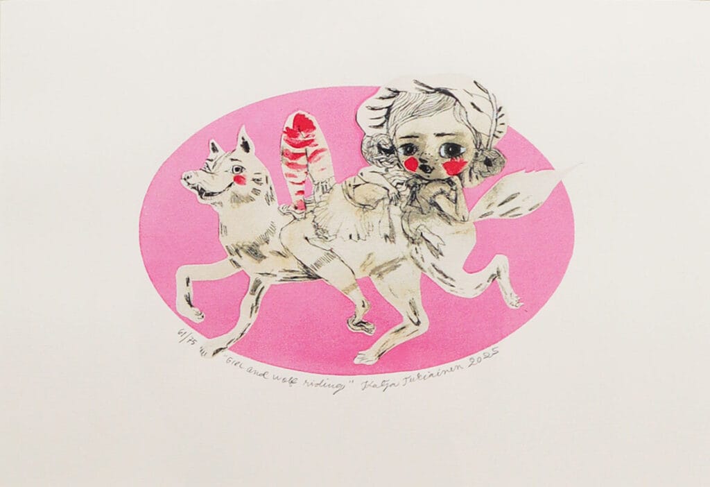 Tyttö ratsastaa sudella vaaleanpunaisella taustalla.