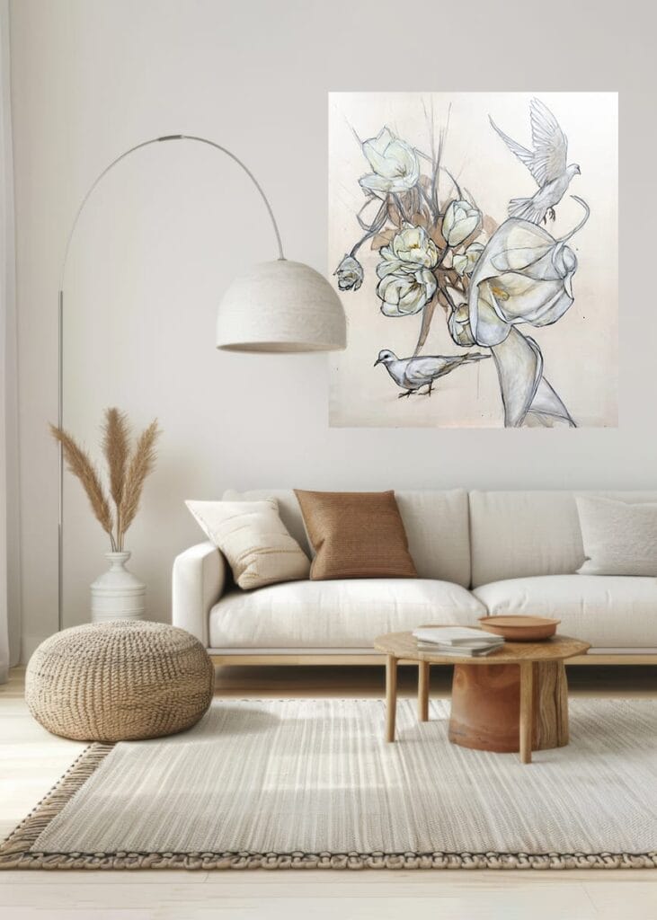 Trendikäs olohuone, kukka-aiheinen taulu seinällä