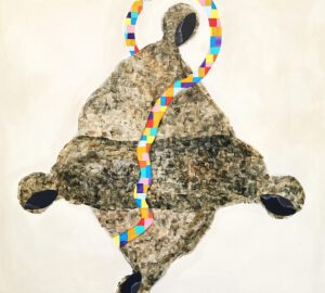 Abstrakti maalaus, jossa värikäs nauha ja kuvioita.