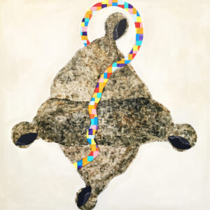 Abstrakti maalaus, jossa värikäs nauha ja kuvioita.