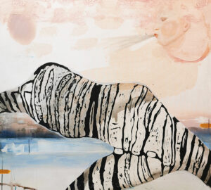 Abstrakti maalaus, seepra ja ihmishahmo