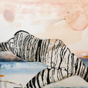 Abstrakti maalaus, seepra ja ihmishahmo