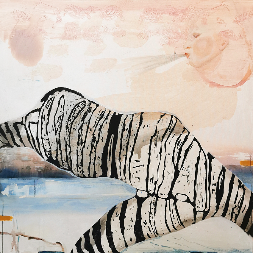 Abstrakti maalaus, seepra ja ihmishahmo