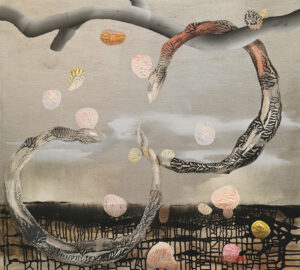 Abstrakti maalaus puun oksista ja lehdistä