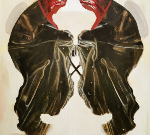 Abstrakti maalaus rinnakkaisista punaisista ja mustista muodoista