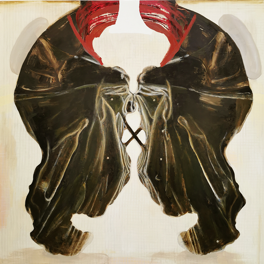 Abstrakti maalaus rinnakkaisista punaisista ja mustista muodoista