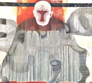 Abstrakti maalaus ihmisestä raidallisten muotojen keskellä.