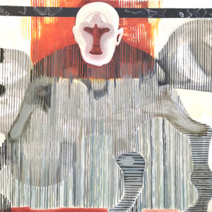 Abstrakti maalaus ihmisestä raidallisten muotojen keskellä.