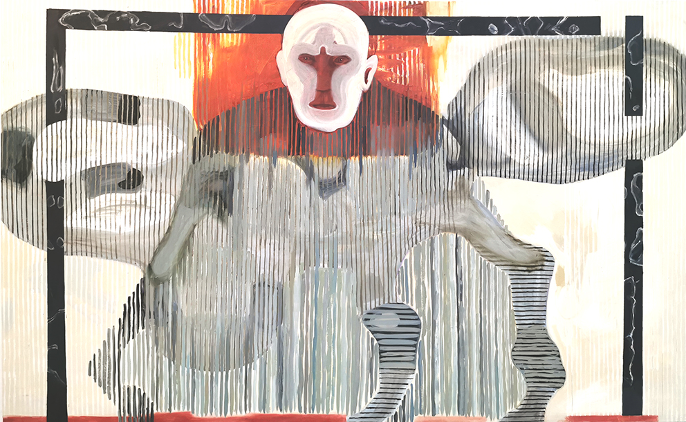 Abstrakti maalaus ihmisestä raidallisten muotojen keskellä.