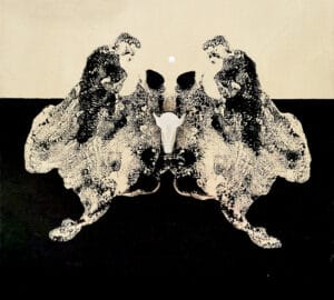 Symmetrinen abstrakti maalaus valkoisilla kuvioilla