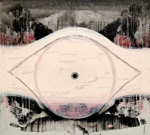 Abstrakti maalaus mustavalkoisilla ja vaaleanpunaisilla sävyillä.