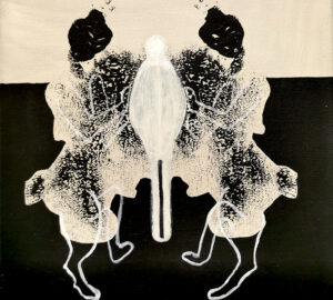 Abstrakti mustavalkoinen maalaus kahdesta hahmosta