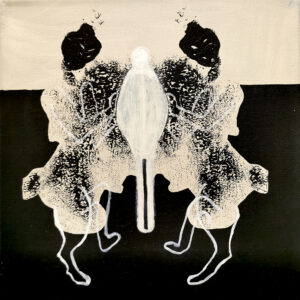 Abstrakti mustavalkoinen maalaus kahdesta hahmosta