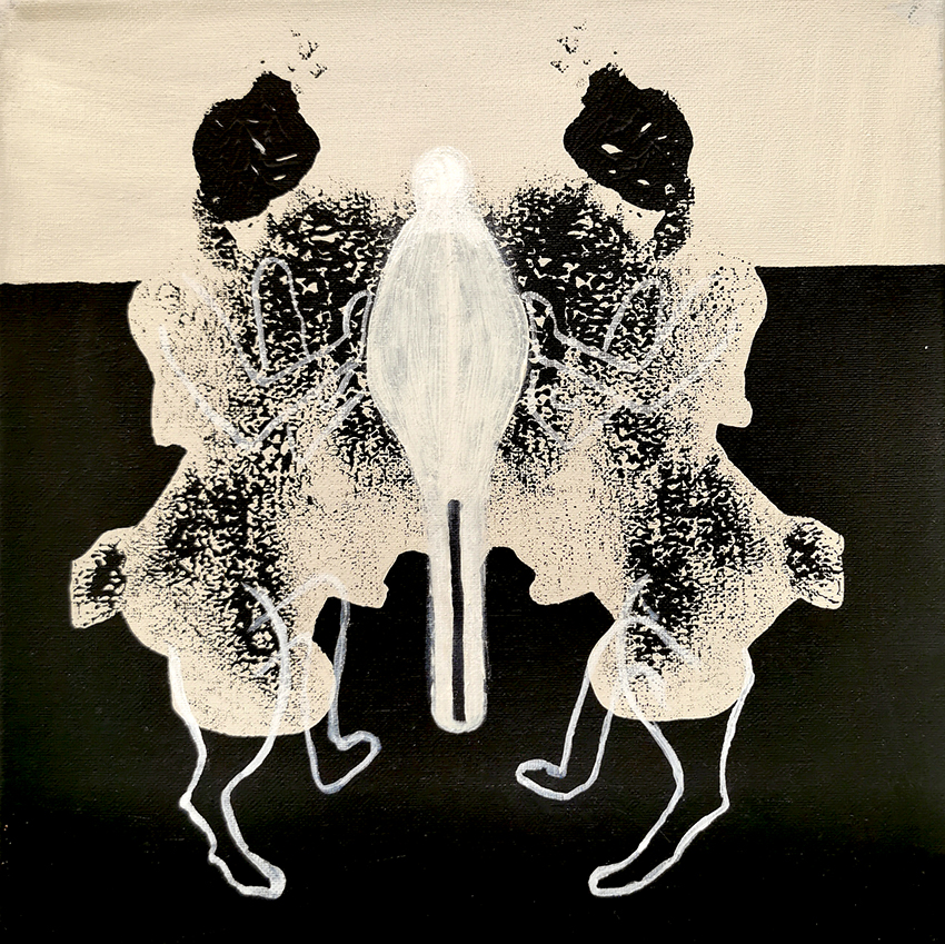 Abstrakti mustavalkoinen maalaus kahdesta hahmosta