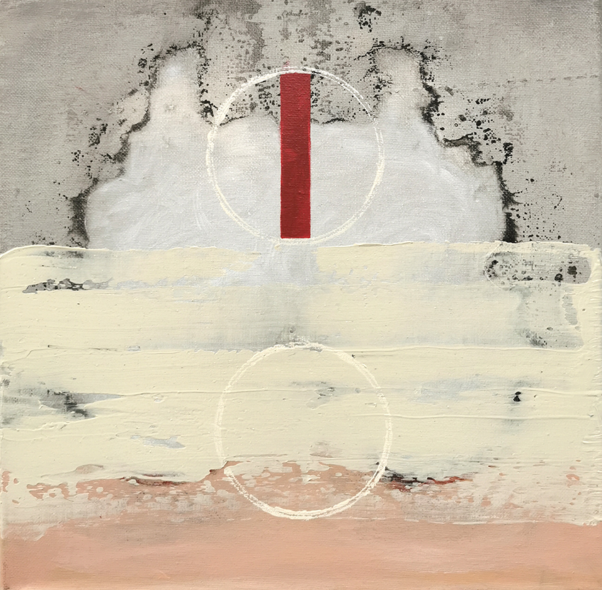 Abstrakti maalaus vaaleilla ja tummilla sävyillä.