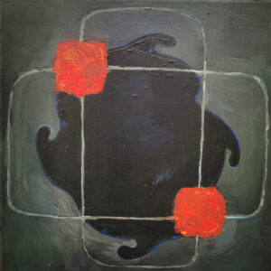 Abstrakti maalaus: punaisia neliöitä ja tummia muotoja.