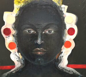 Musta kasvot maalaus, värikkäät ympyrät.