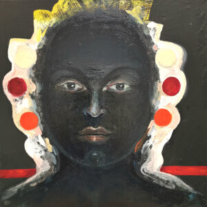 Musta kasvot maalaus, värikkäät ympyrät.