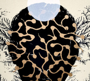 Abstrakti maalaus kultaisilla ja mustilla kuvioilla