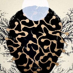 Abstrakti maalaus kultaisilla ja mustilla kuvioilla