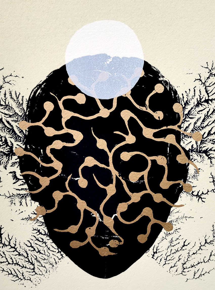 Abstrakti maalaus kultaisilla ja mustilla kuvioilla