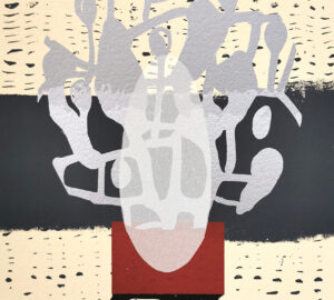 Abstrakti maalaus geometrisilla kuvioilla ja väreillä.