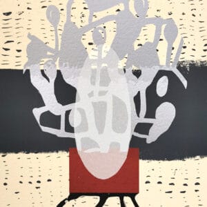 Abstrakti maalaus geometrisilla kuvioilla ja väreillä.