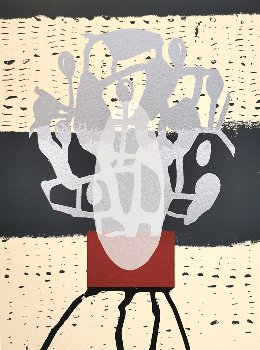 Abstrakti maalaus geometrisilla kuvioilla ja väreillä.