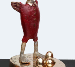 Veistos punaisesta linnusta ja kultamunista.