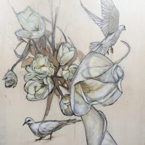 Piirros: valkoisia kukkia ja lentävä lintu