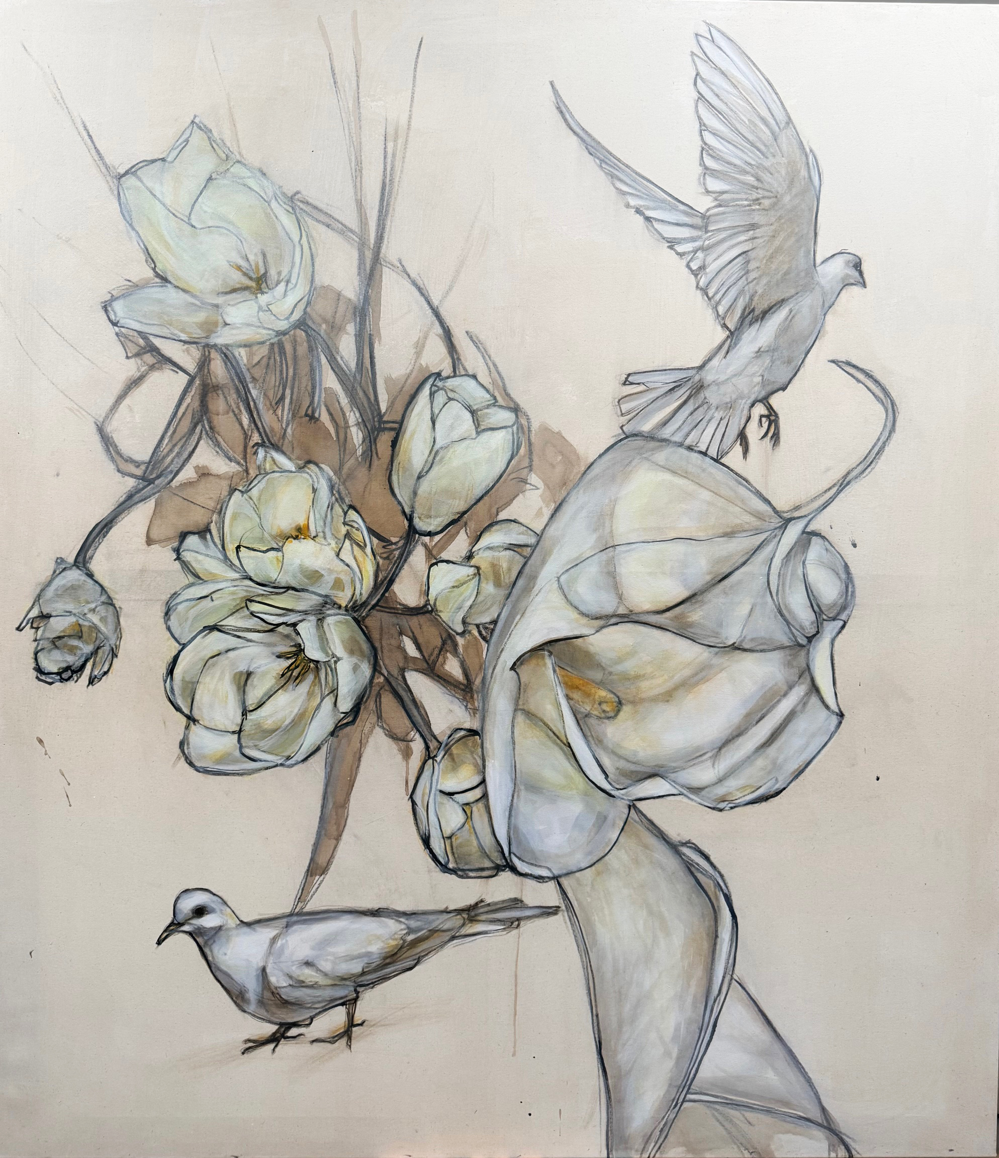 Piirros: valkoisia kukkia ja lentävä lintu