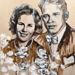 Muotokuva hymyilevästä pariskunnasta maalattuna kankaalle.