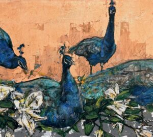 Sinisiä riikinkukkoja kukkien joukossa taiteellisessa maalauksessa