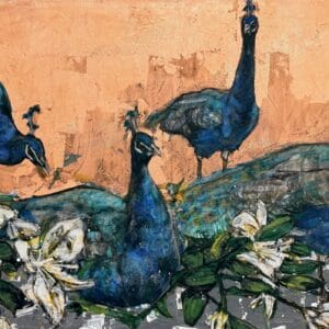 Sinisiä riikinkukkoja kukkien joukossa taiteellisessa maalauksessa