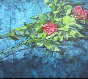 Maalaus kahdesta ruususta sinisellä taustalla.