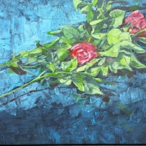 Maalaus kahdesta ruususta sinisellä taustalla.