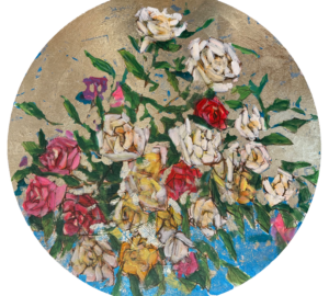 Värikkäitä ruusuja kultaisella pohjalla