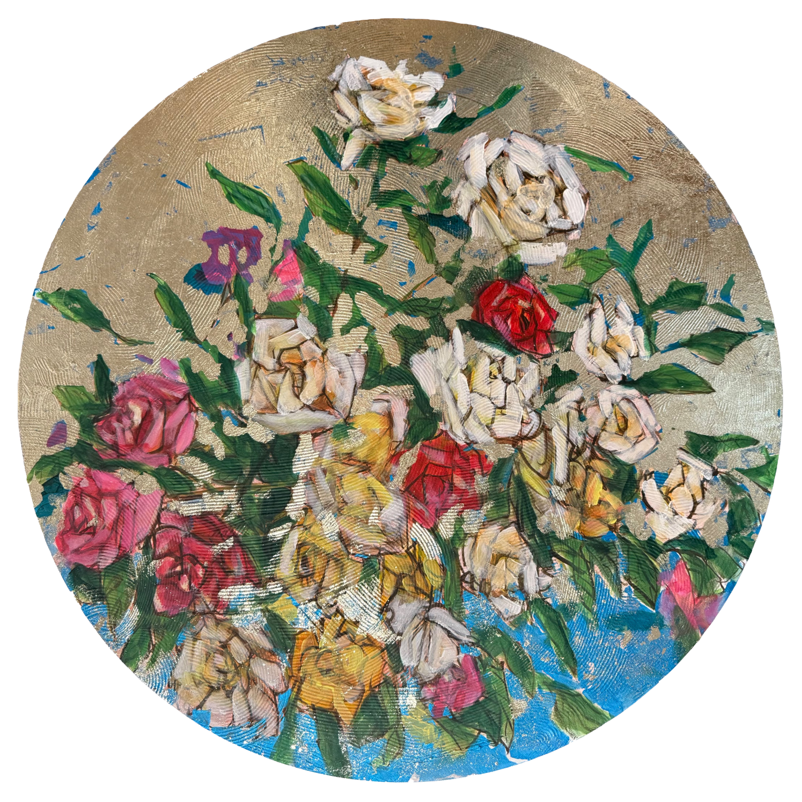 Värikkäitä ruusuja kultaisella pohjalla