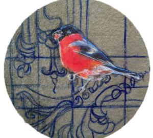 Punatulkku puutarhataustalla kuvataiteilijan piirroksessa