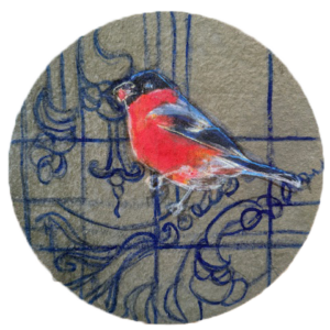 Punatulkku puutarhataustalla kuvataiteilijan piirroksessa