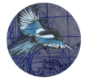 Lentävä lintu sinisellä ruudullisella pohjalla