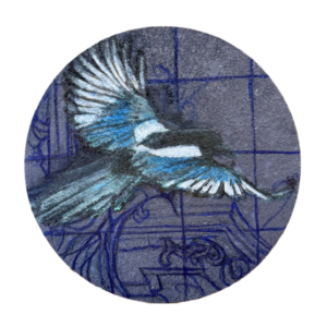 Lentävä lintu sinisellä ruudullisella pohjalla